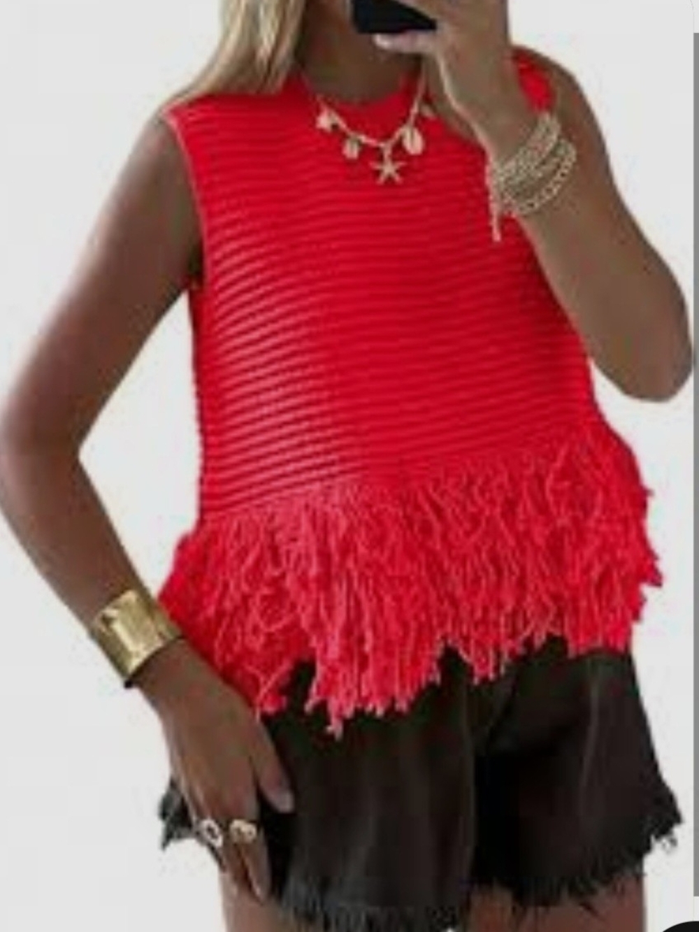 Womens Dark Orange Fringe Knit Sleeveless Top